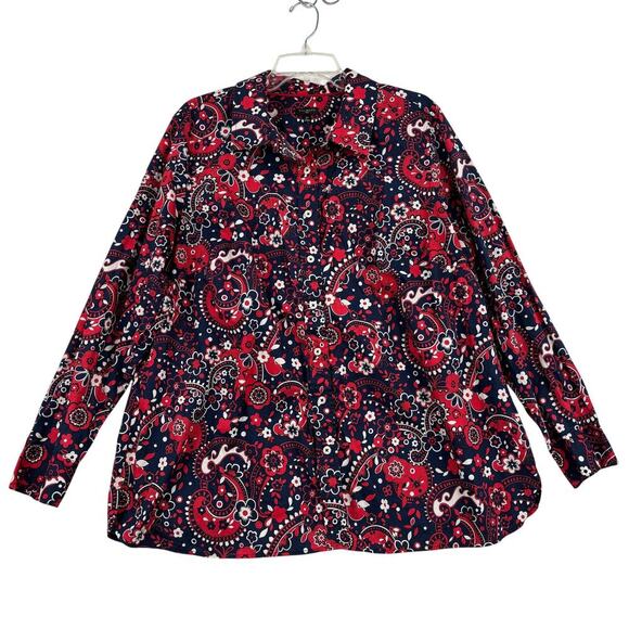 Talbots Plus Blouse Size 2X Red Blue Paisley Floral Cotton Long Sleeve Button Up - Picture 1 of 11